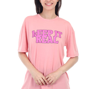 Women's KEEP IT REAL Printed Round Neck Half Sleeve Cotton Blend Over-sized T-Shirt