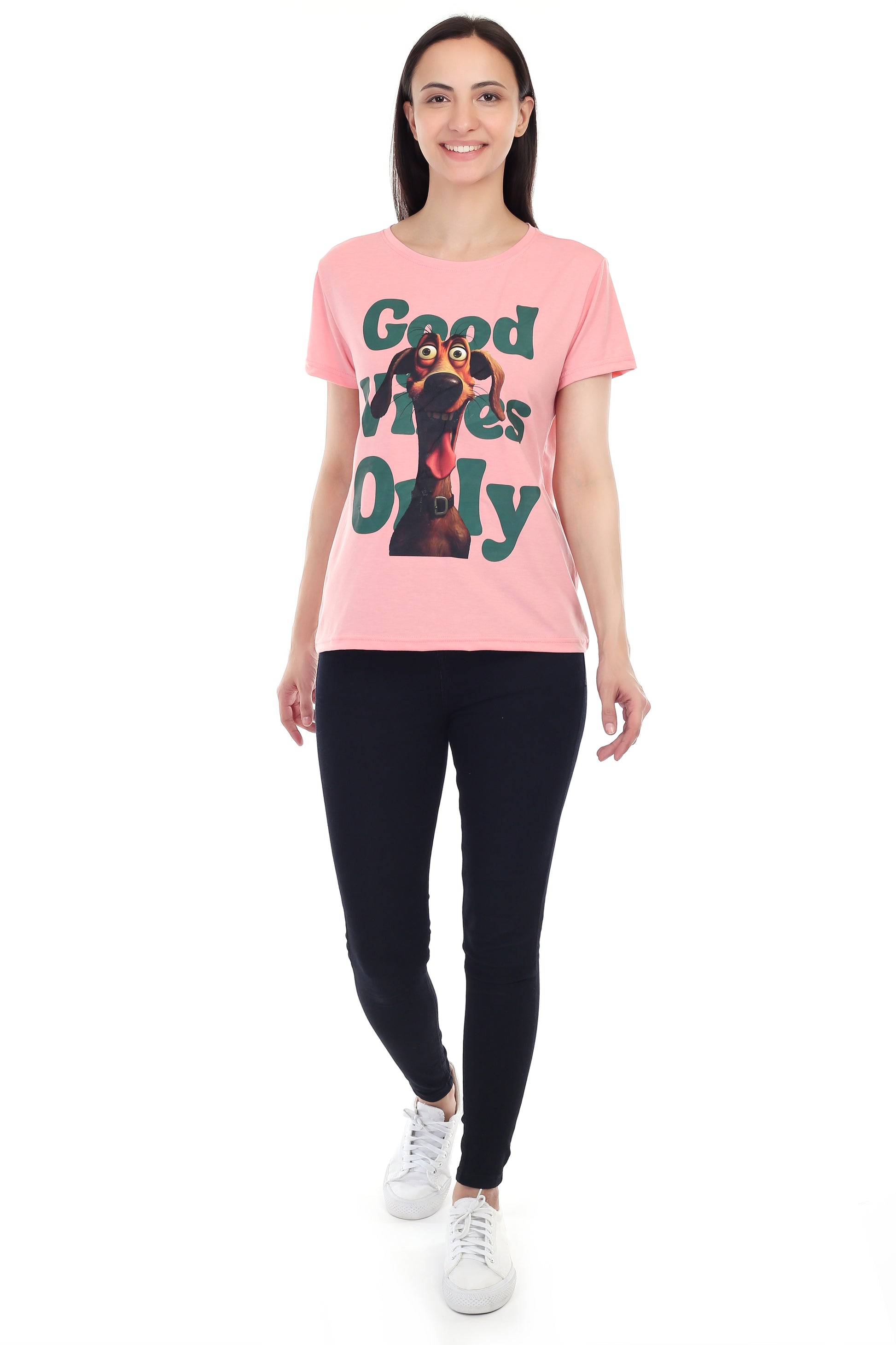 Women's GOOD VIBES ONLY DOG Printed Round Neck Half Sleeve Cotton Blend Regular Fit T-Shirt