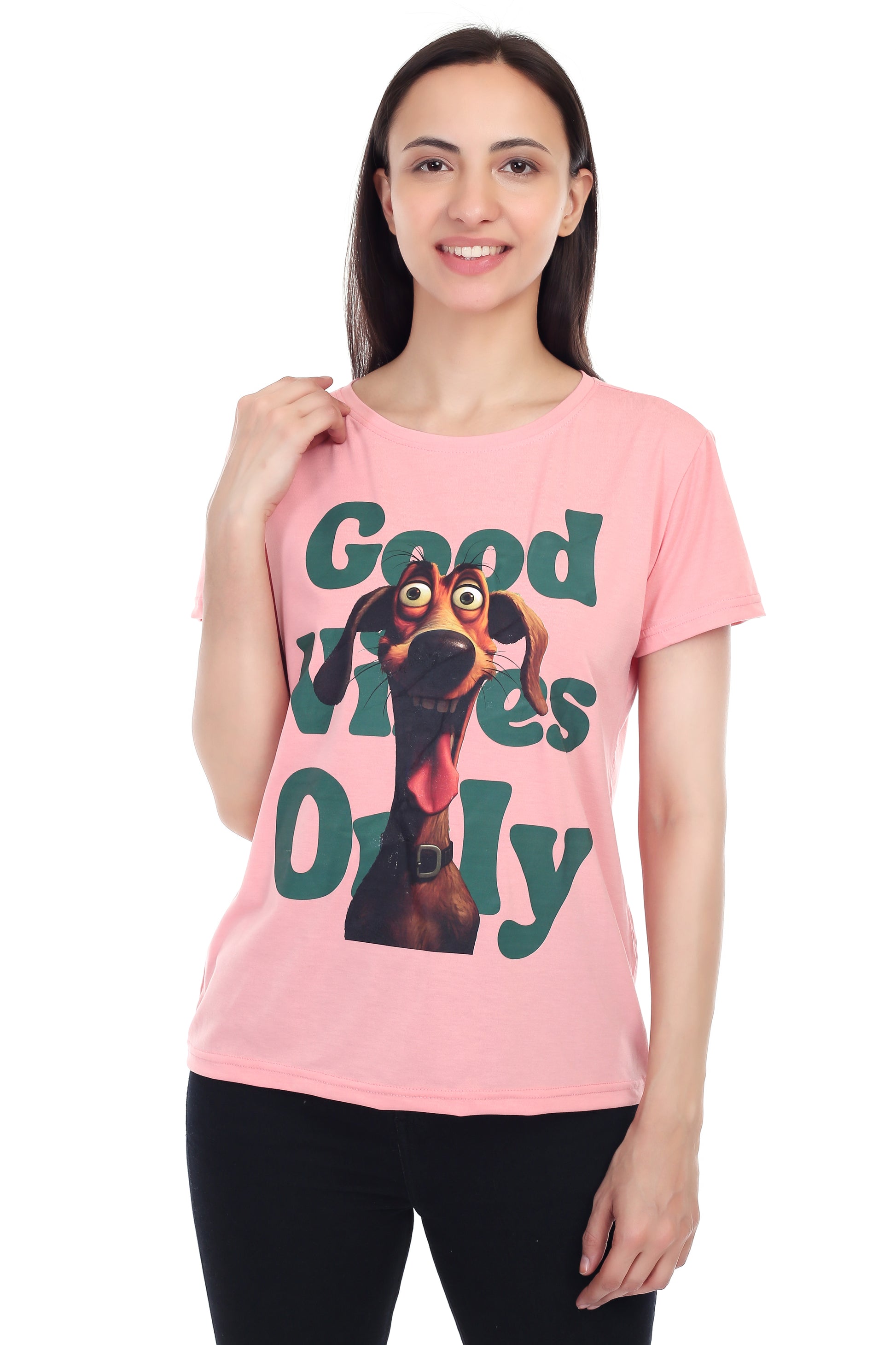 Women's GOOD VIBES ONLY DOG Printed Round Neck Half Sleeve Cotton Blend Regular Fit T-Shirt