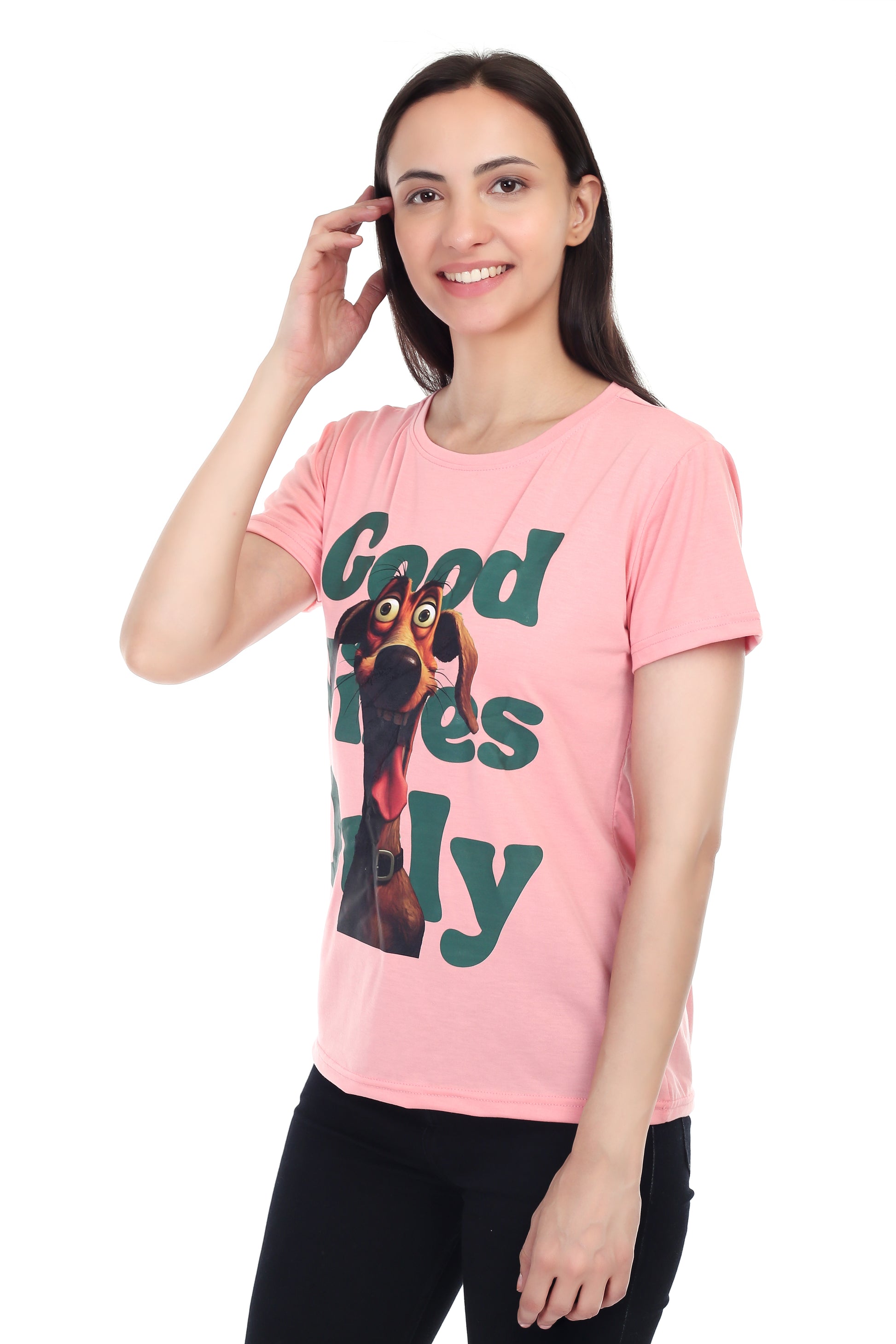 Women's GOOD VIBES ONLY DOG Printed Round Neck Half Sleeve Cotton Blend Regular Fit T-Shirt