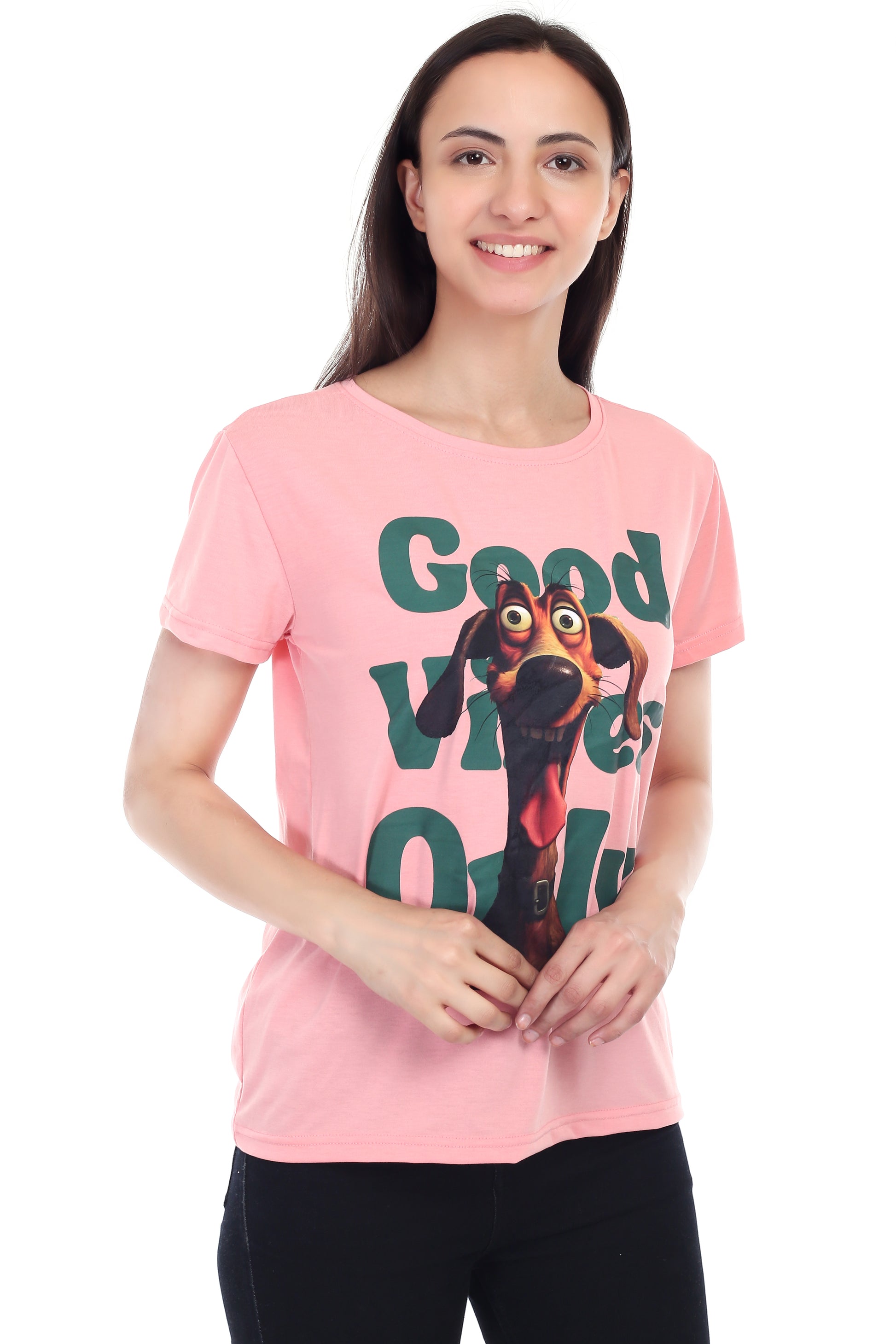 Women's GOOD VIBES ONLY DOG Printed Round Neck Half Sleeve Cotton Blend Regular Fit T-Shirt