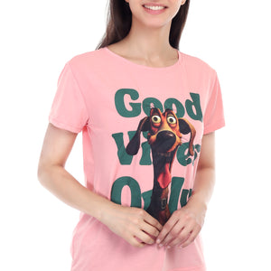 Women's GOOD VIBES ONLY DOG Printed Round Neck Half Sleeve Cotton Blend Regular Fit T-Shirt