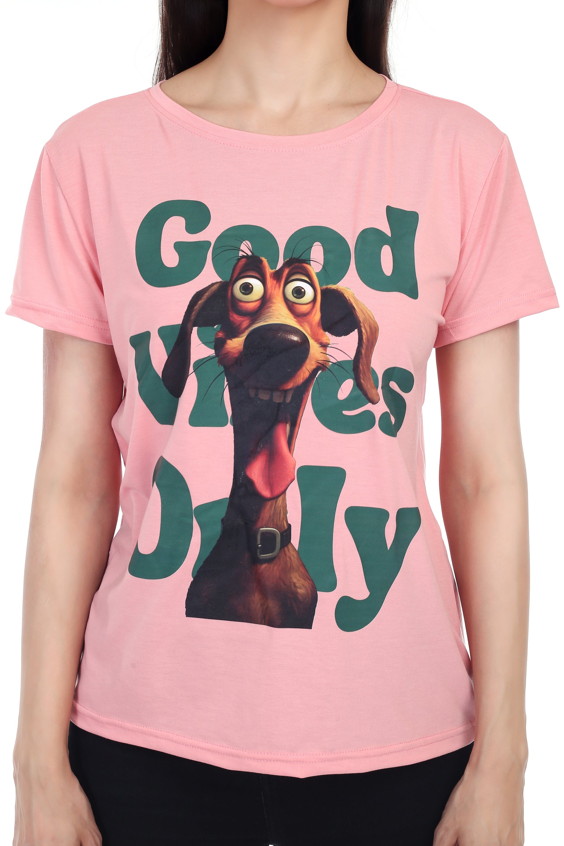 Women's GOOD VIBES ONLY DOG Printed Round Neck Half Sleeve Cotton Blend Regular Fit T-Shirt