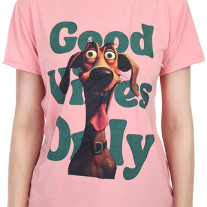 Women's GOOD VIBES ONLY DOG Printed Round Neck Half Sleeve Cotton Blend Regular Fit T-Shirt