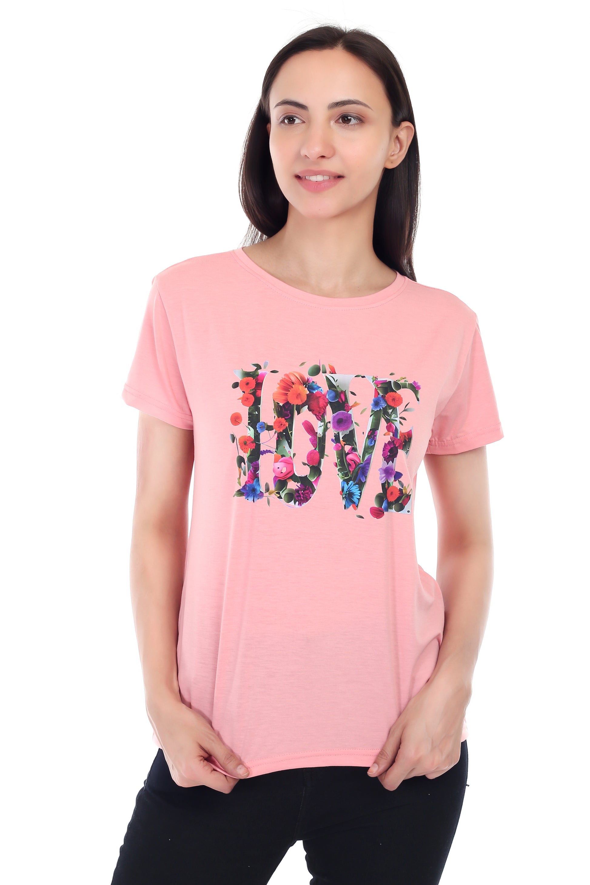 Women's Floral Love Printed Round Neck Half Sleeve Cotton Blend Regular Fit T-Shirt