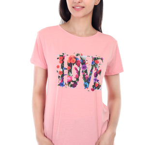 Women's Floral Love Printed Round Neck Half Sleeve Cotton Blend Regular Fit T-Shirt