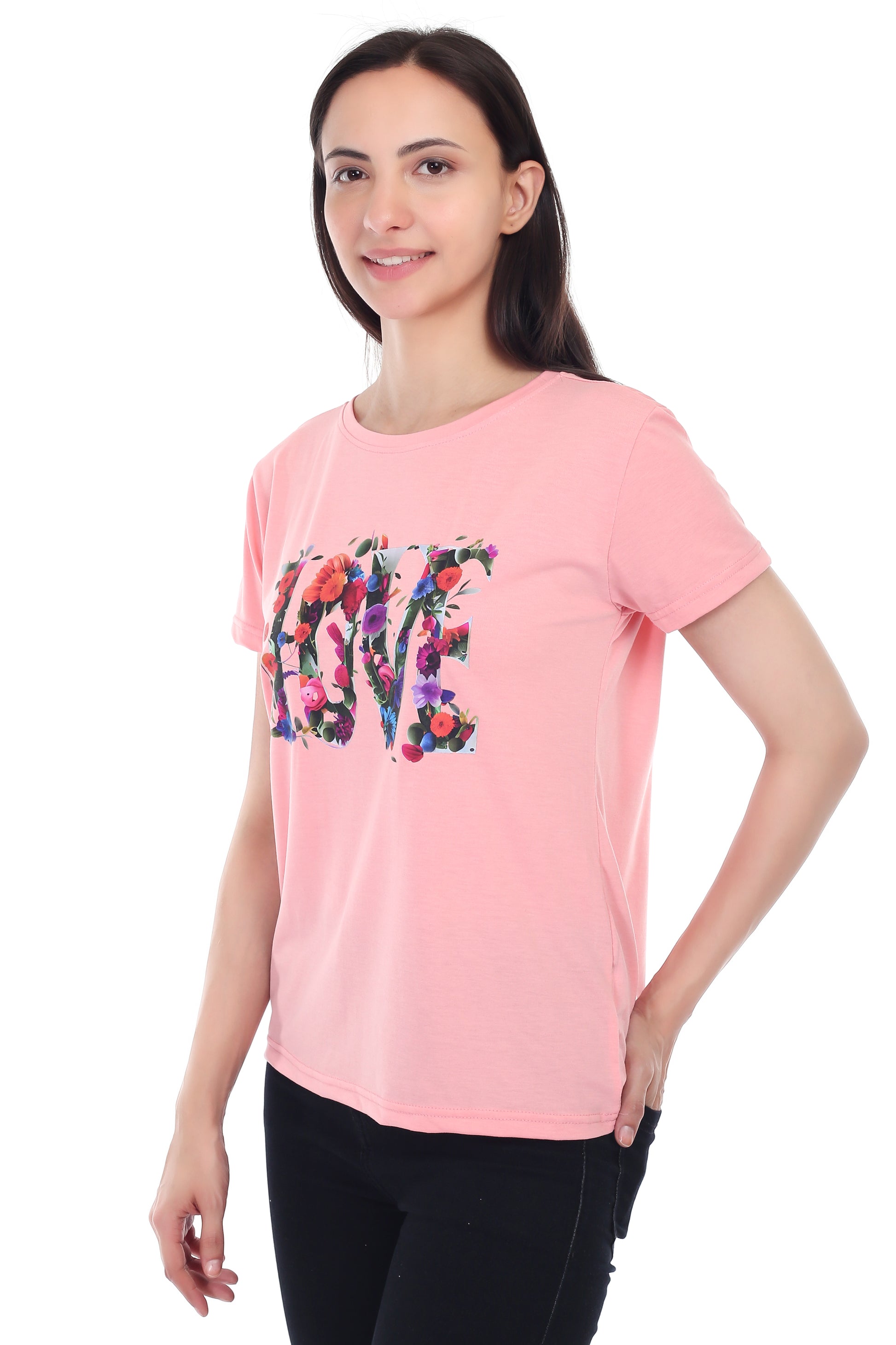 Women's Floral Love Printed Round Neck Half Sleeve Cotton Blend Regular Fit T-Shirt