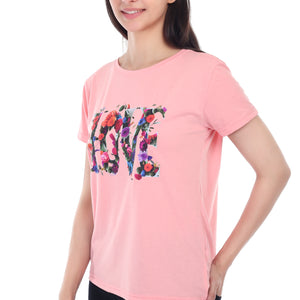 Women's Floral Love Printed Round Neck Half Sleeve Cotton Blend Regular Fit T-Shirt