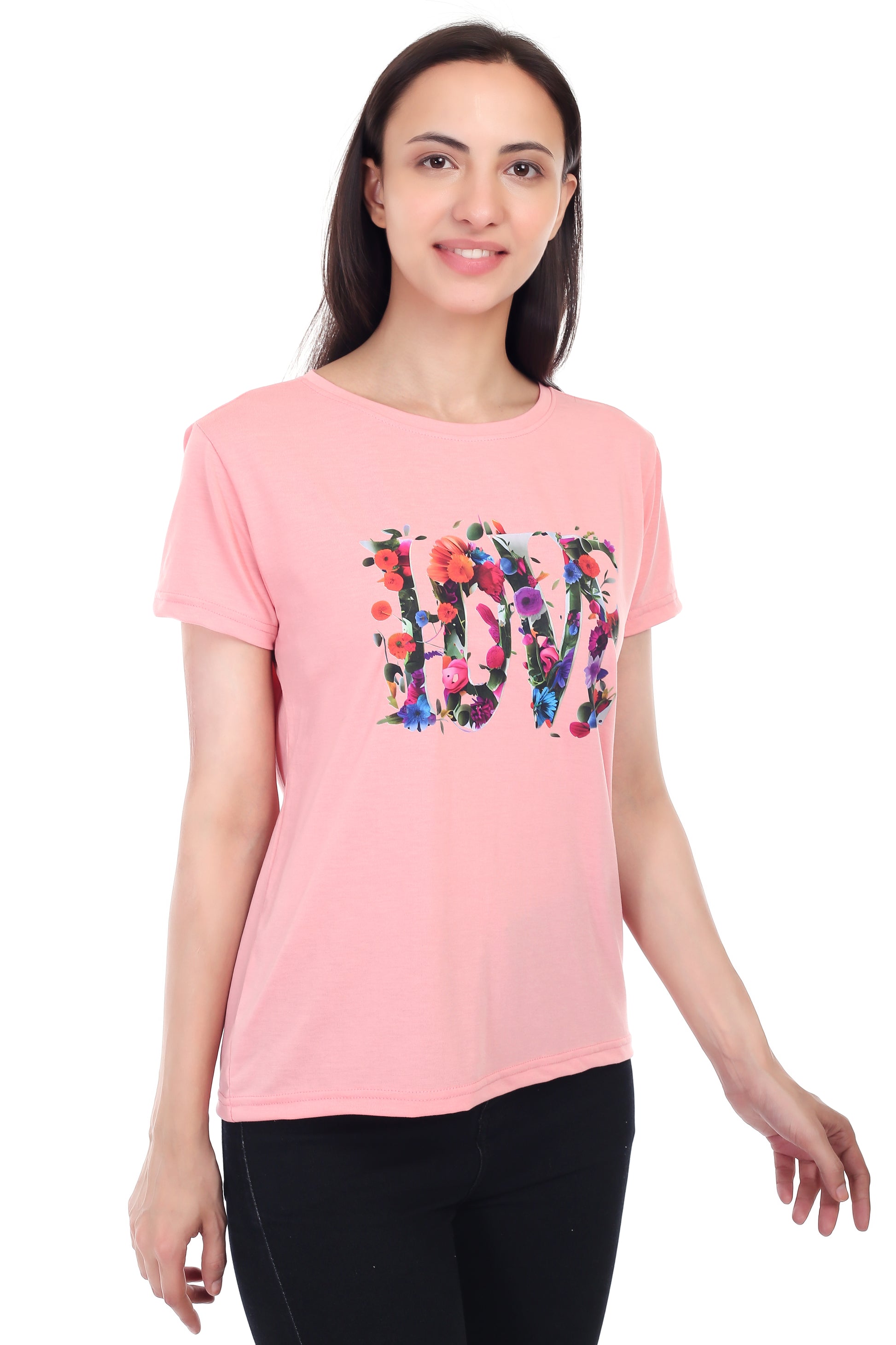 Women's Floral Love Printed Round Neck Half Sleeve Cotton Blend Regular Fit T-Shirt