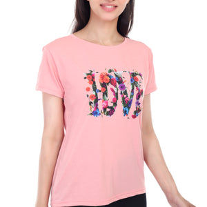 Women's Floral Love Printed Round Neck Half Sleeve Cotton Blend Regular Fit T-Shirt