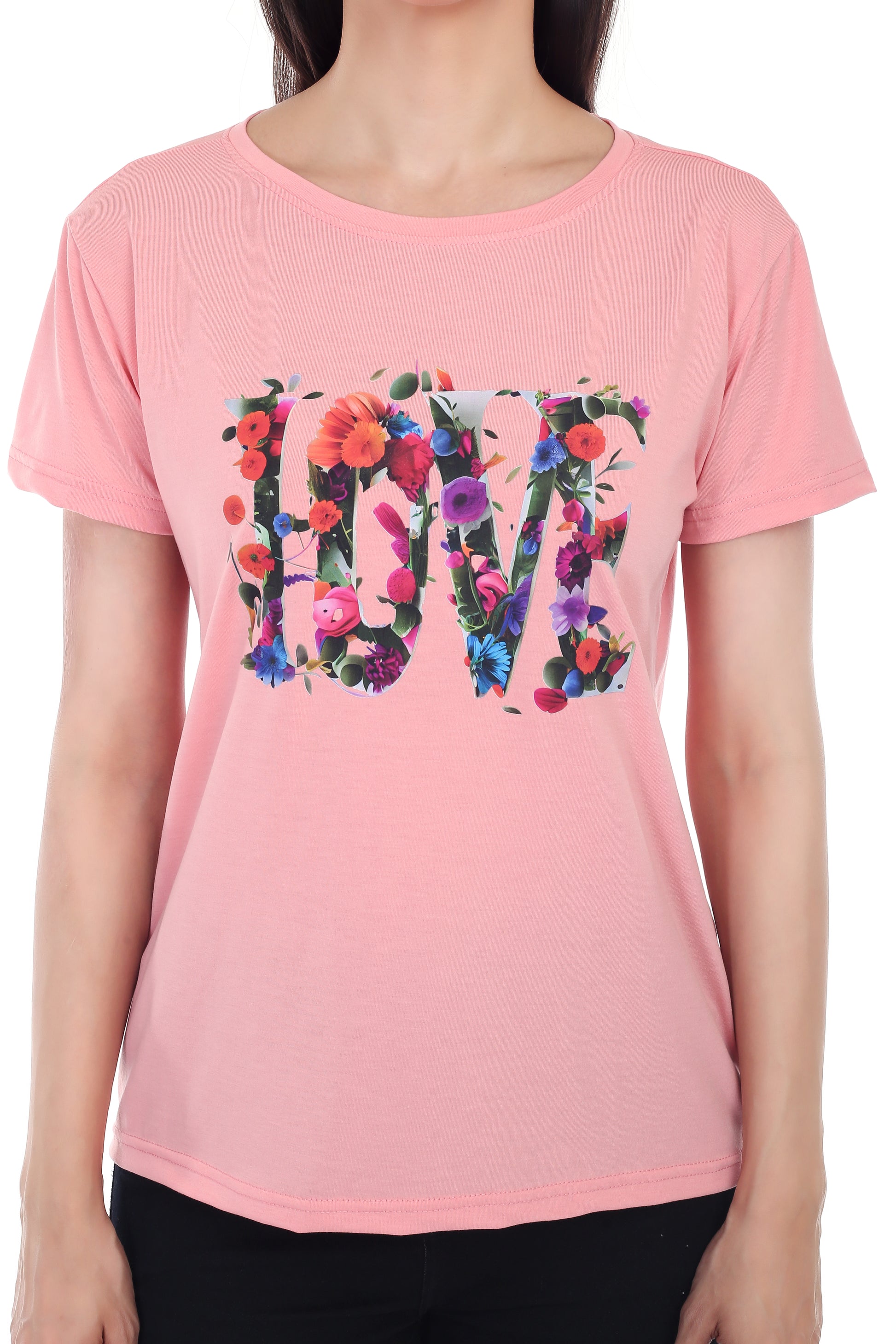 Women's Floral Love Printed Round Neck Half Sleeve Cotton Blend Regular Fit T-Shirt