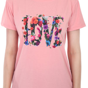 Women's Floral Love Printed Round Neck Half Sleeve Cotton Blend Regular Fit T-Shirt