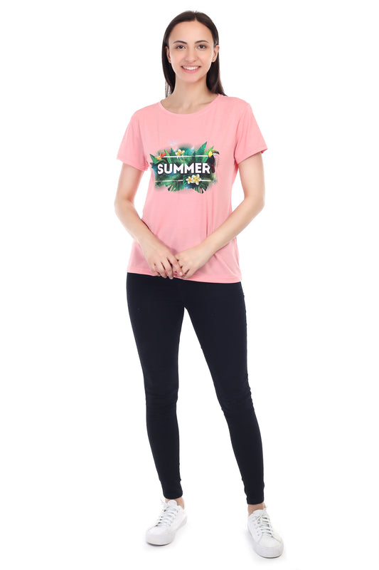 Women's Forest Theme Summer Printed Round Neck Half Sleeve Cotton Blend Regular Fit T-Shirt