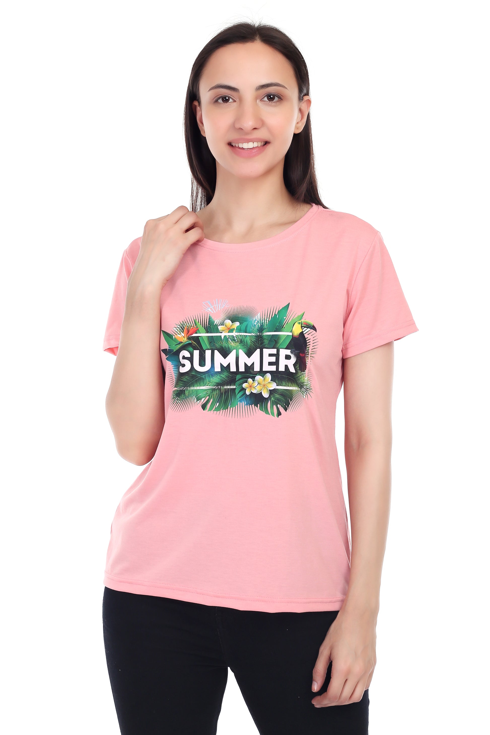 Women's Forest Theme Summer Printed Round Neck Half Sleeve Cotton Blend Regular Fit T-Shirt