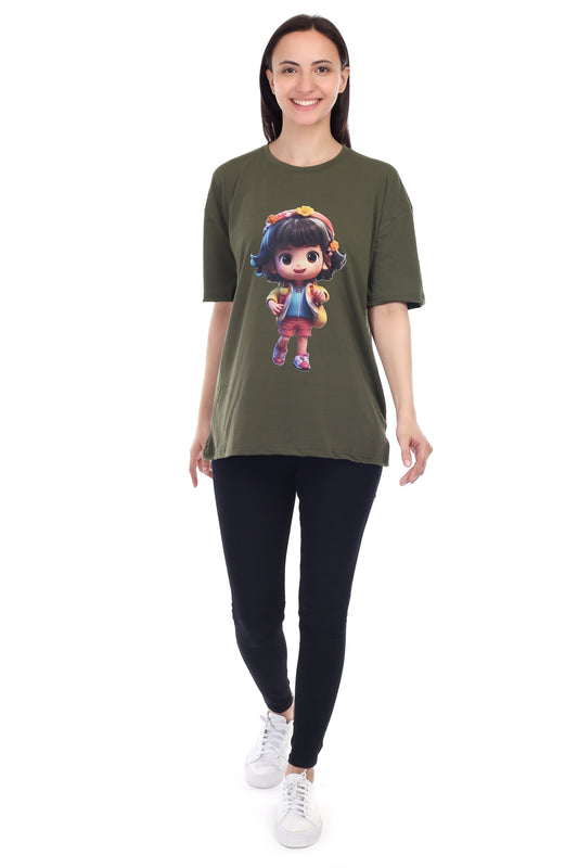 Women's Cartoon Girl Printed Round Neck Half Sleeve Cotton Blend Over Sized T-Shirt