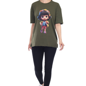 Women's Cartoon Girl Printed Round Neck Half Sleeve Cotton Blend Over Sized T-Shirt