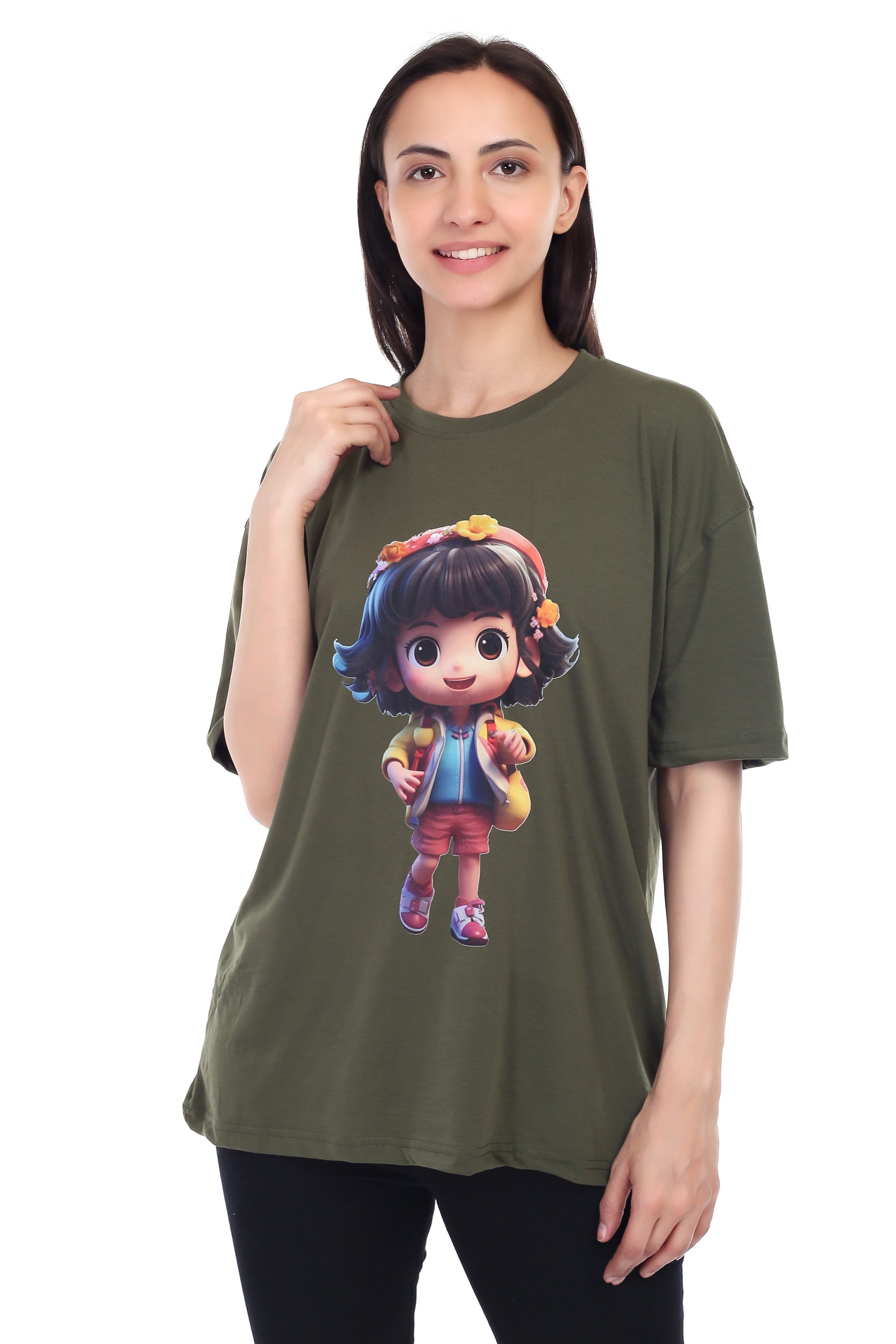 Women's Cartoon Girl Printed Round Neck Half Sleeve Cotton Blend Over Sized T-Shirt