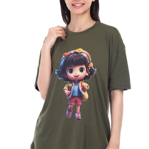 Women's Cartoon Girl Printed Round Neck Half Sleeve Cotton Blend Over Sized T-Shirt