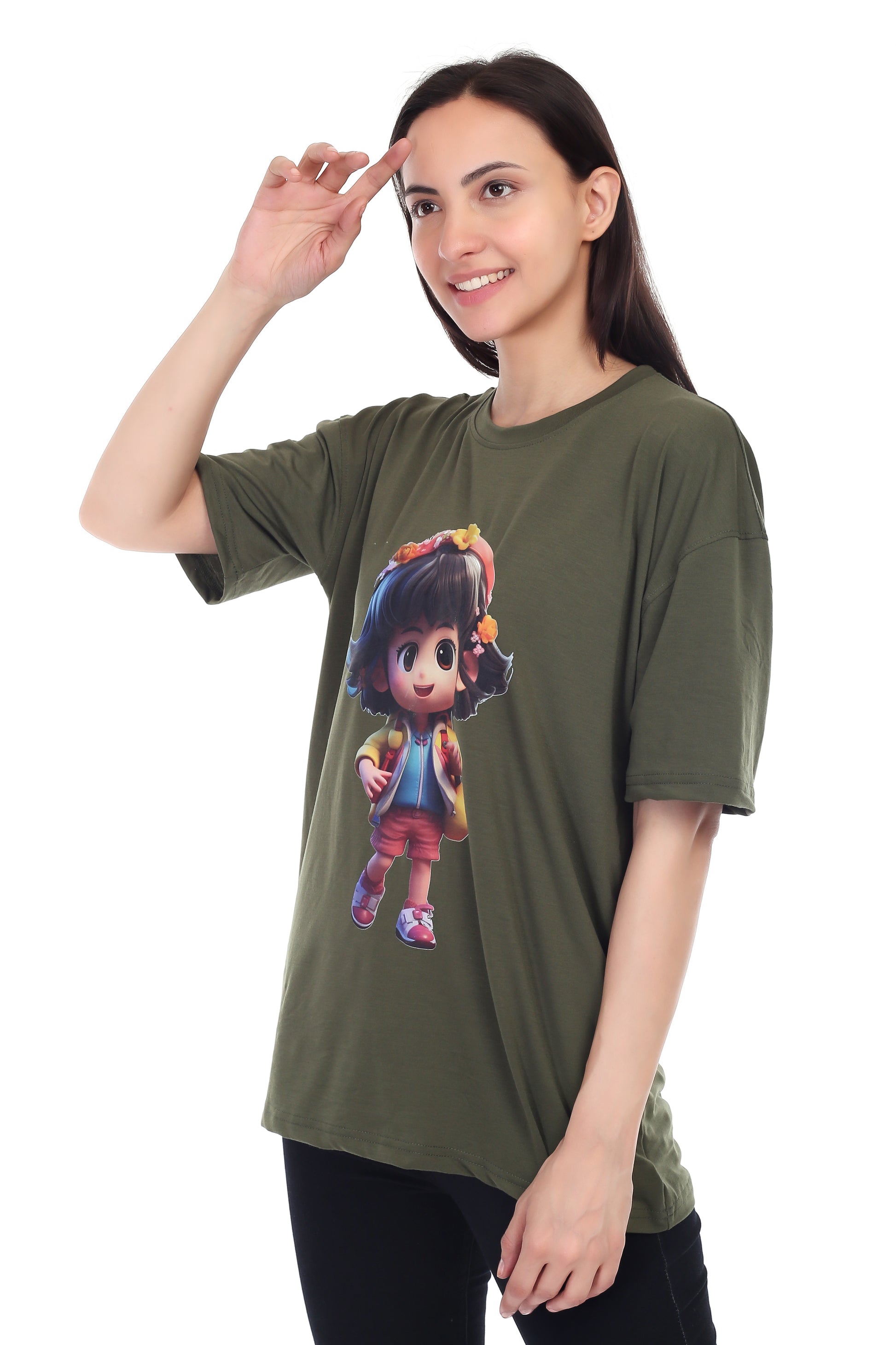 Women's Cartoon Girl Printed Round Neck Half Sleeve Cotton Blend Over Sized T-Shirt