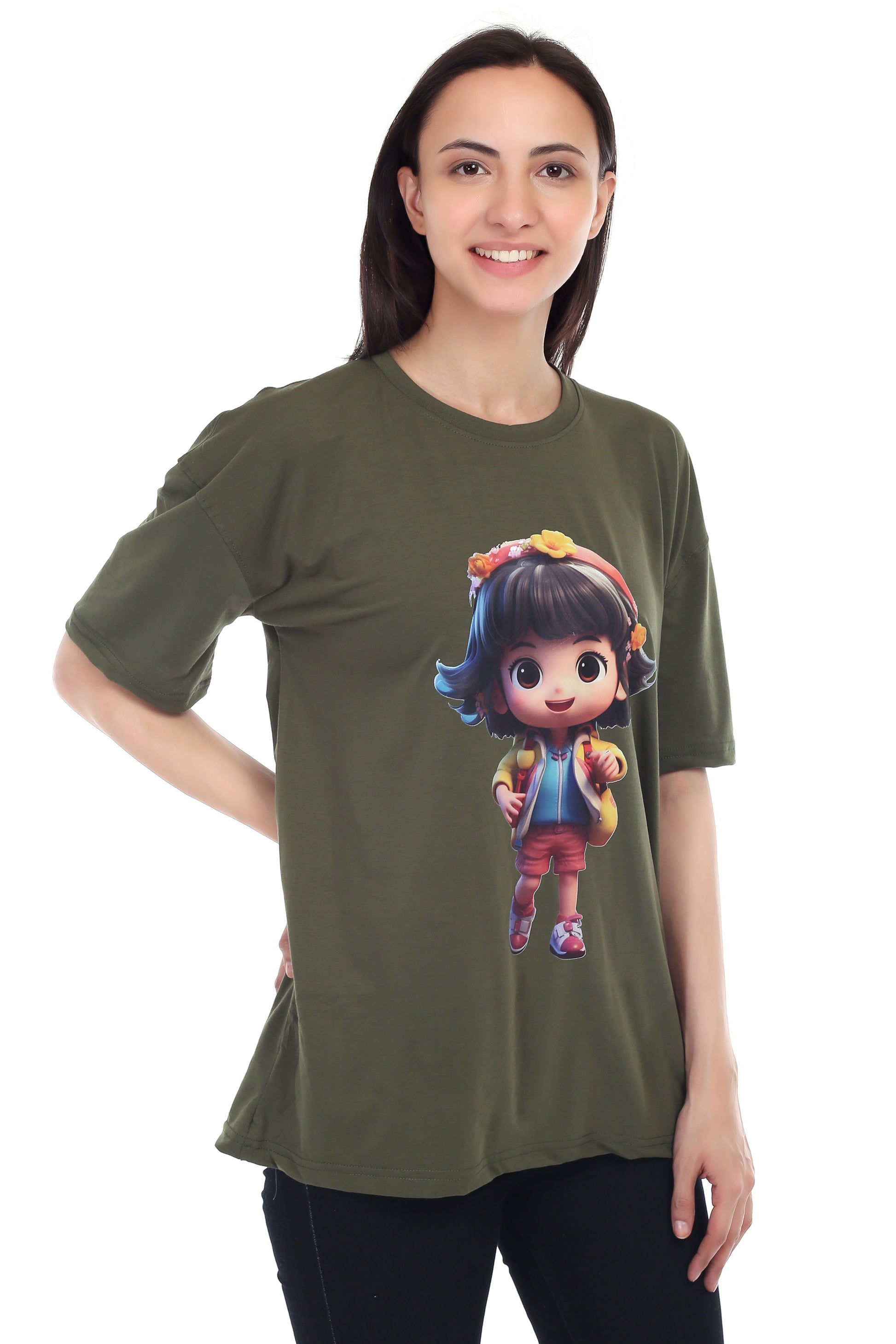 Women's Cartoon Girl Printed Round Neck Half Sleeve Cotton Blend Over Sized T-Shirt