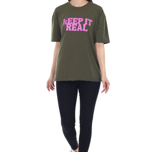 Women's KEEP IT REAL Printed Round Neck Half Sleeve Cotton Blend Over-sized T-Shirt