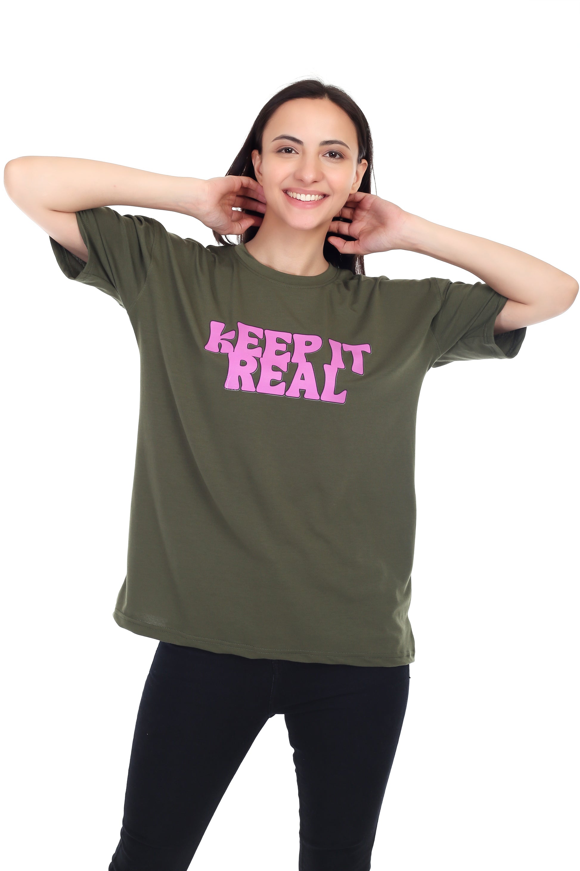 Women's KEEP IT REAL Printed Round Neck Half Sleeve Cotton Blend Over-sized T-Shirt