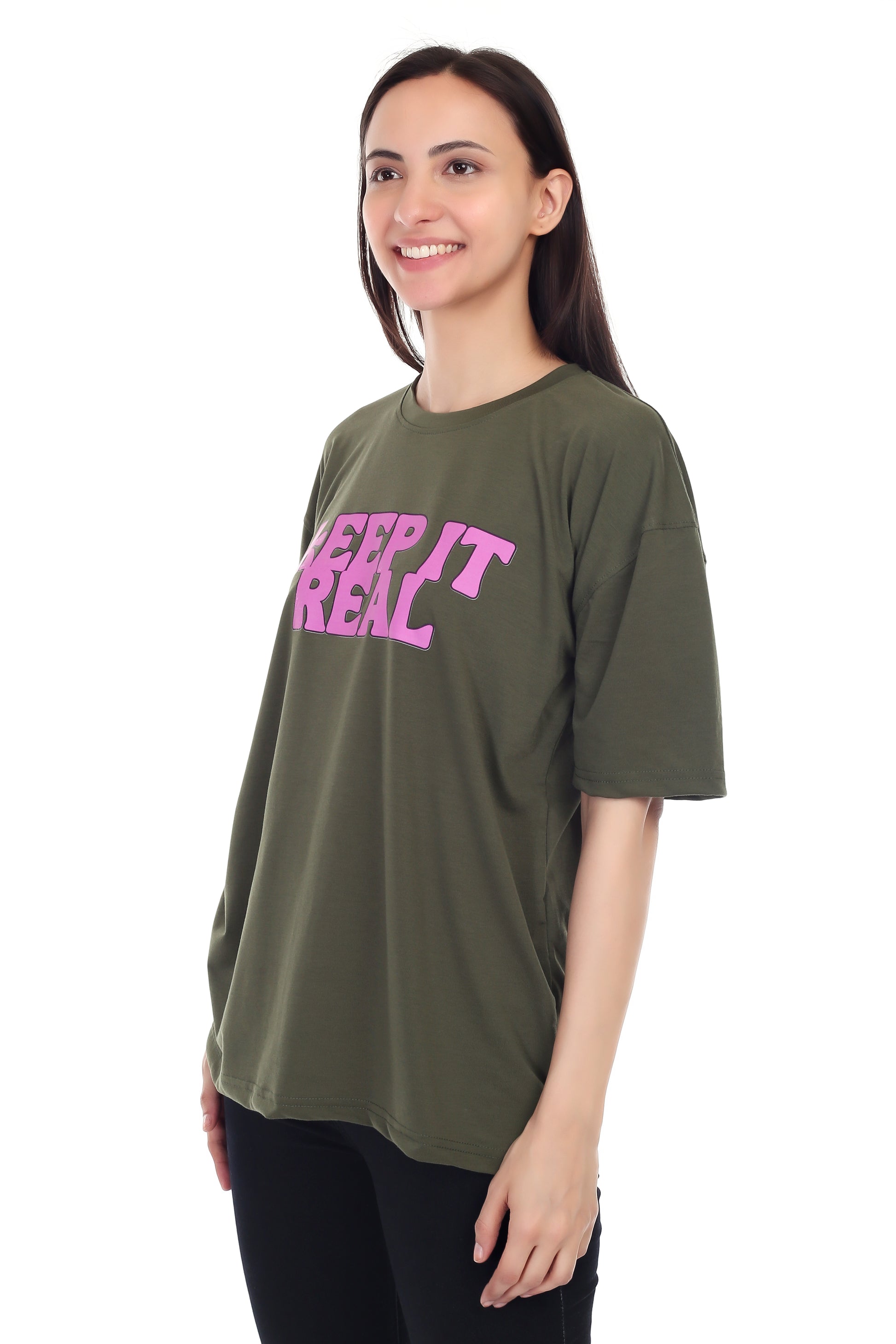 Women's KEEP IT REAL Printed Round Neck Half Sleeve Cotton Blend Over-sized T-Shirt