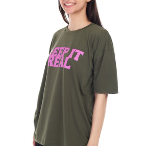 Women's KEEP IT REAL Printed Round Neck Half Sleeve Cotton Blend Over-sized T-Shirt