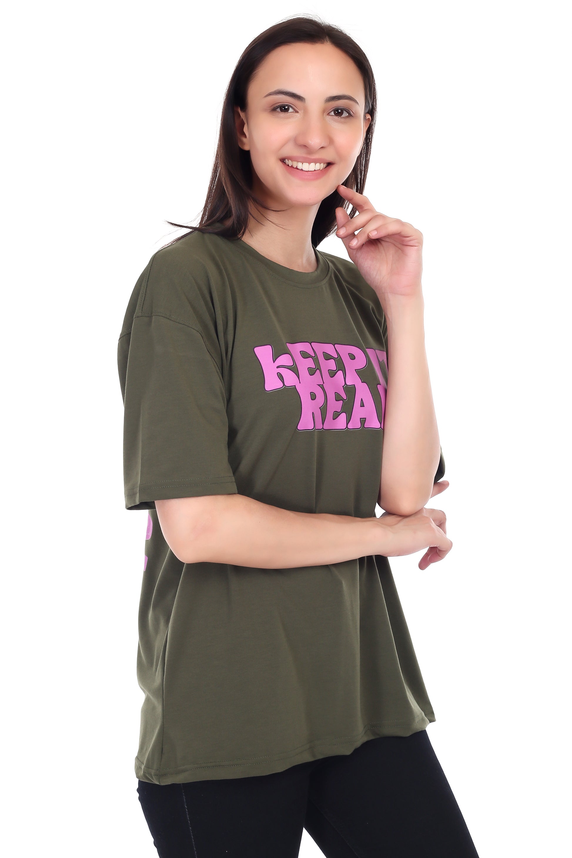 Women's KEEP IT REAL Printed Round Neck Half Sleeve Cotton Blend Over-sized T-Shirt