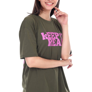 Women's KEEP IT REAL Printed Round Neck Half Sleeve Cotton Blend Over-sized T-Shirt