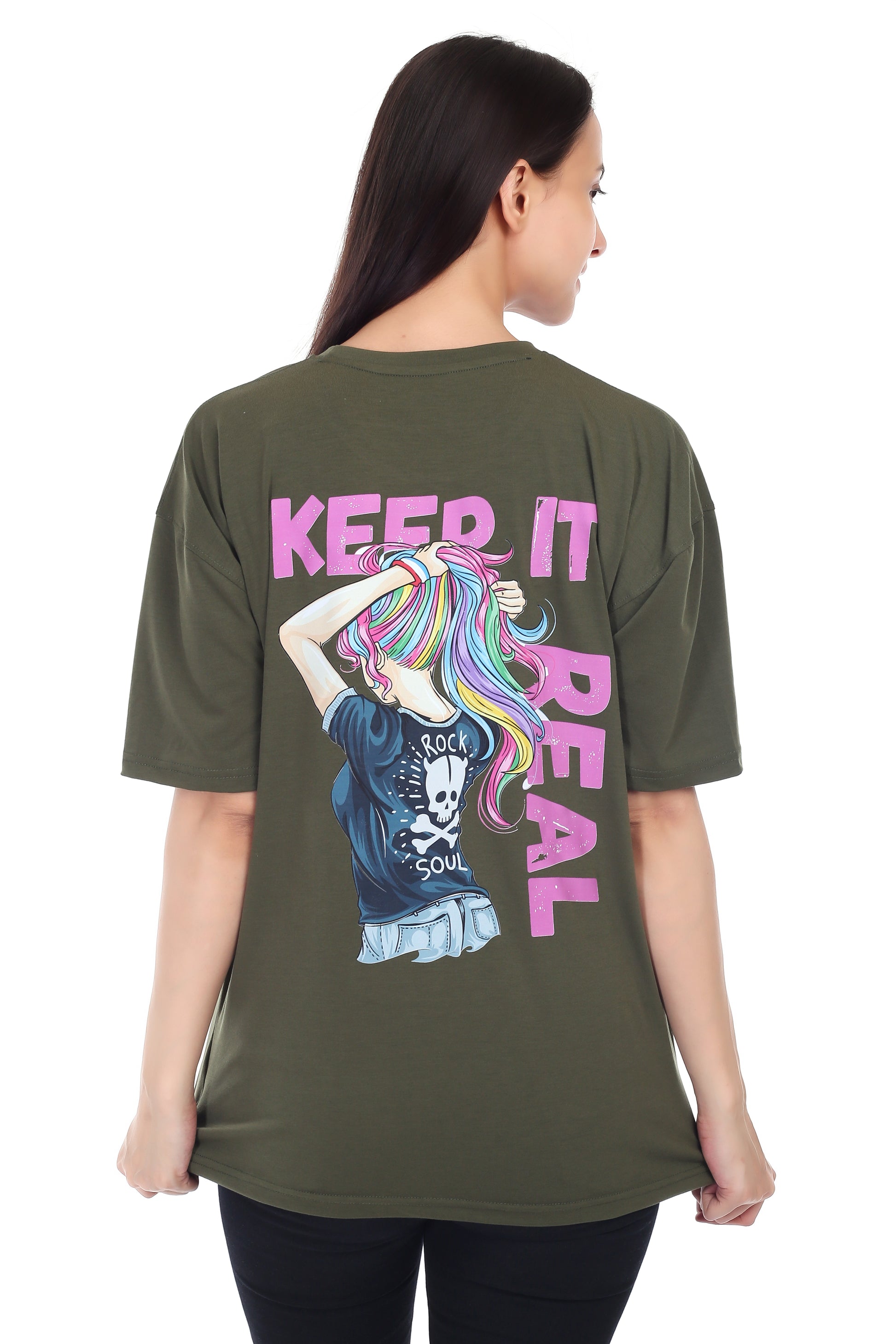 Women's KEEP IT REAL Printed Round Neck Half Sleeve Cotton Blend Over-sized T-Shirt