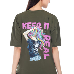 Women's KEEP IT REAL Printed Round Neck Half Sleeve Cotton Blend Over-sized T-Shirt