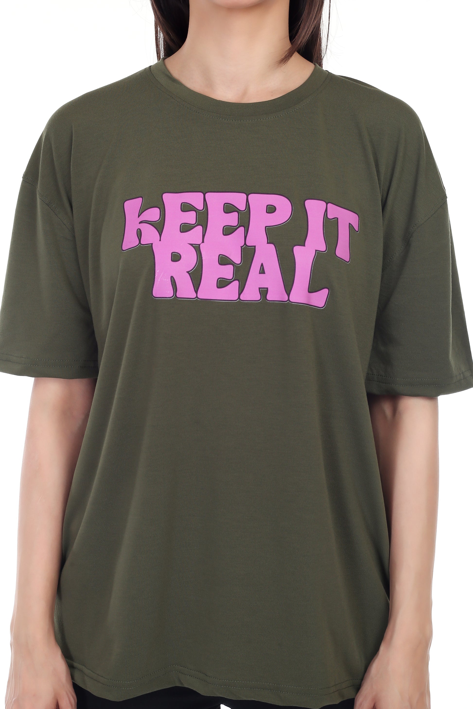 Women's KEEP IT REAL Printed Round Neck Half Sleeve Cotton Blend Over-sized T-Shirt