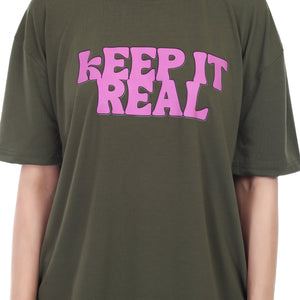 Women's KEEP IT REAL Printed Round Neck Half Sleeve Cotton Blend Over-sized T-Shirt