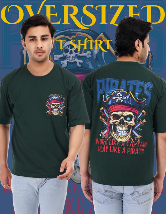 Pirates Skull Printed Oversized Round Neck T Shirt for Men-Green