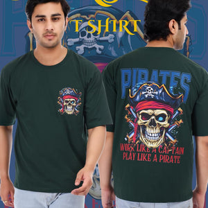 Pirates Skull Printed Oversized Round Neck T Shirt for Men-Green