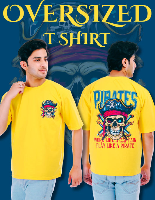 Pirates Skull Printed Oversized Round Neck T Shirt for Men-Yellow