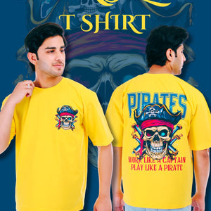 Pirates Skull Printed Oversized Round Neck T Shirt for Men-Yellow