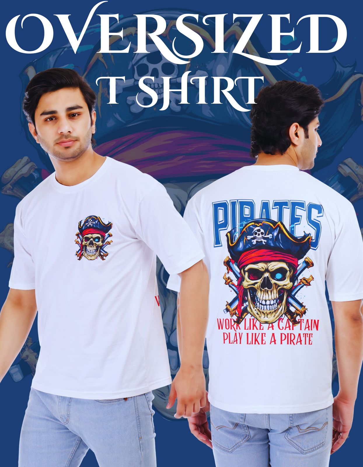 Pirates Skull Printed Oversized Round Neck T Shirt for Men-White