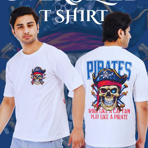 Pirates Skull Printed Oversized Round Neck T Shirt for Men-White