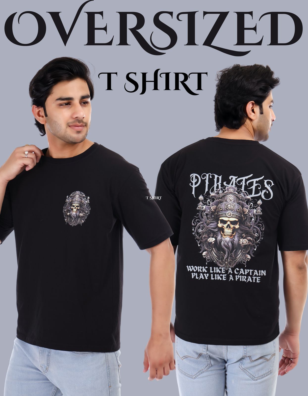 Men's Pirates Printed Oversized Round Neck T-shirt