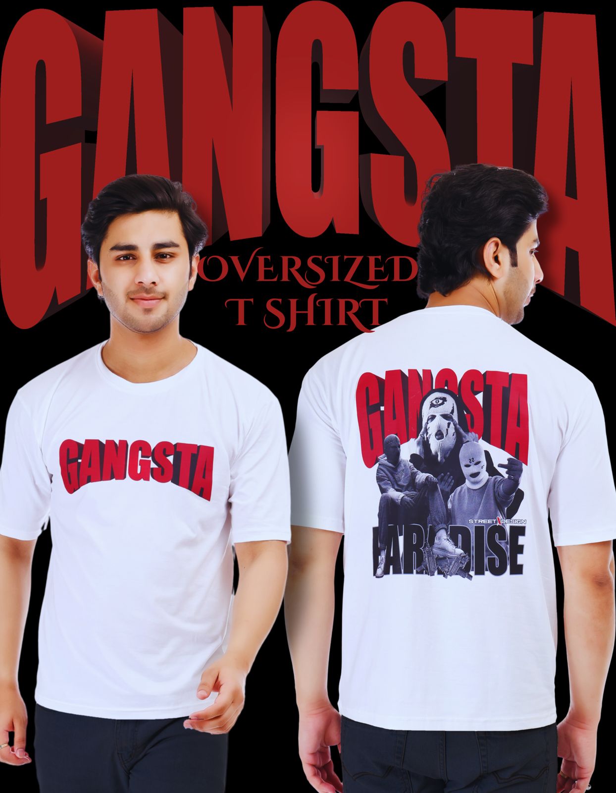 Gangsta Printed Oversized Round Neck T Shirt for Men-White