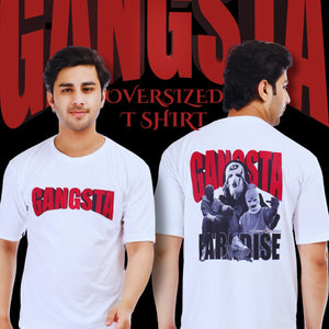 Gangsta Printed Oversized Round Neck T Shirt for Men-White