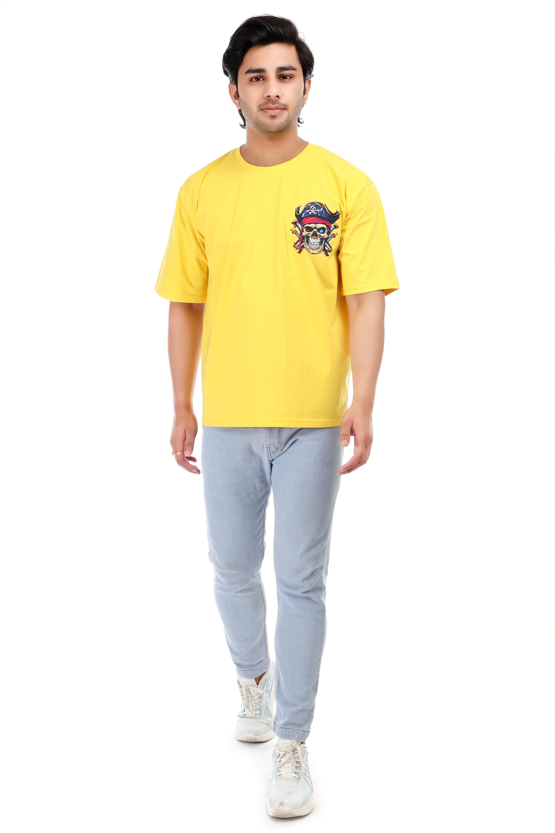 Pirates Skull Printed Oversized Round Neck T Shirt for Men-Yellow