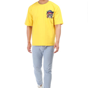 Pirates Skull Printed Oversized Round Neck T Shirt for Men-Yellow