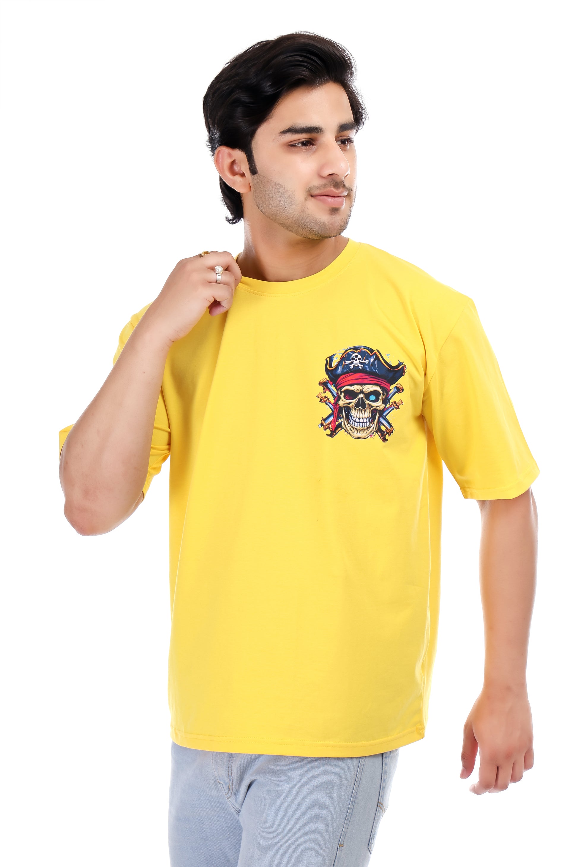 Pirates Skull Printed Oversized Round Neck T Shirt for Men-Yellow