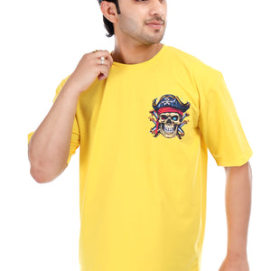 Pirates Skull Printed Oversized Round Neck T Shirt for Men-Yellow