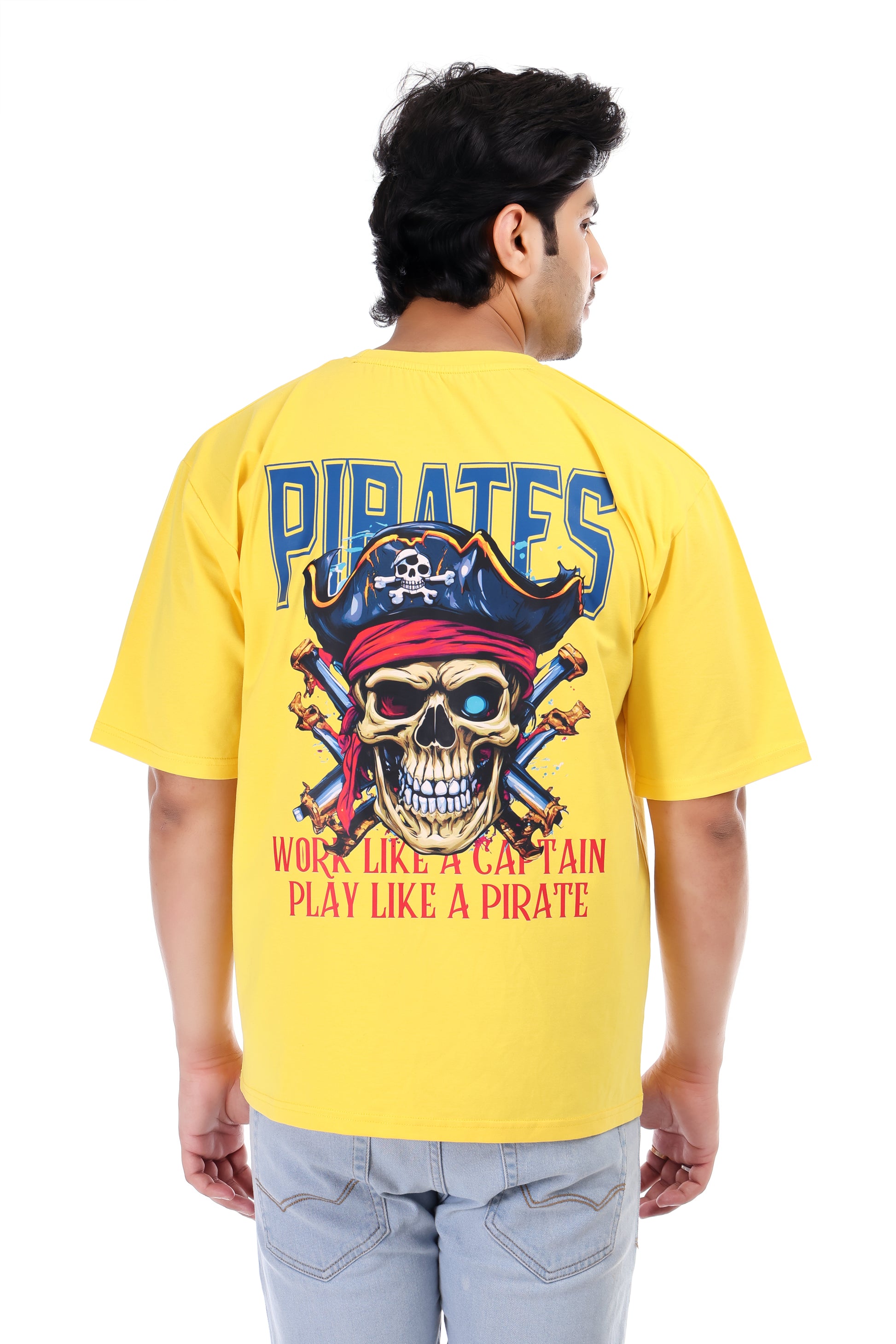 Pirates Skull Printed Oversized Round Neck T Shirt for Men-Yellow