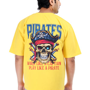 Pirates Skull Printed Oversized Round Neck T Shirt for Men-Yellow