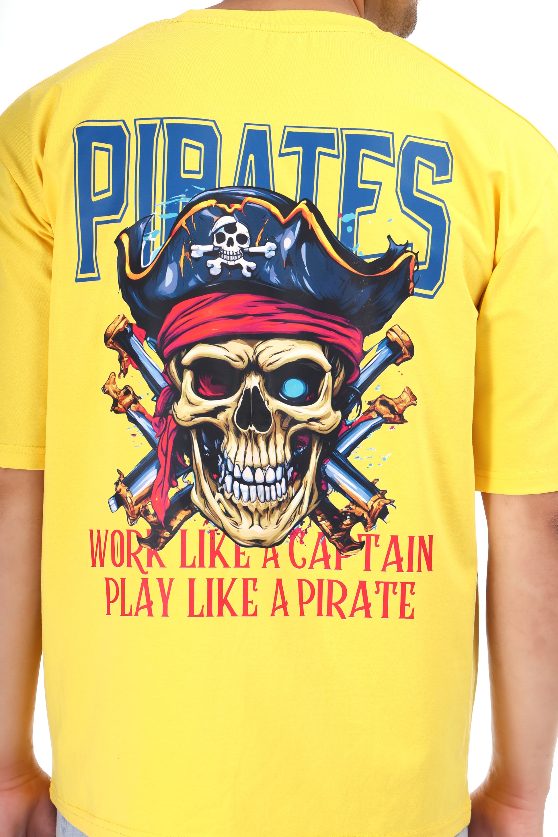 Pirates Skull Printed Oversized Round Neck T Shirt for Men-Yellow